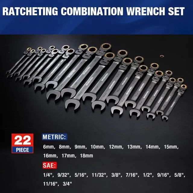 Alt view image 3 of 7 - 22-Piece Ratcheting Wrench Set, Flex-Head & Nickel Plating Metric & SAE (6-18 mm & 1/4-3/4''), 72 Teeth Cr-V Steel, Combination Wrench Set with Organizer Box for Auto Repair & Home DIY