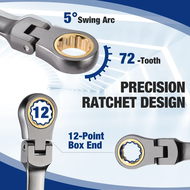 Alt view image 4 of 7 - 22-Piece Ratcheting Wrench Set, Flex-Head & Nickel Plating Metric & SAE (6-18 mm & 1/4-3/4''), 72 Teeth Cr-V Steel, Combination Wrench Set with Organizer Box for Auto Repair & Home DIY