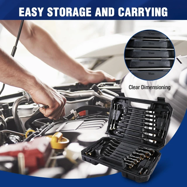 Alt view image 6 of 7 - 22-Piece Ratcheting Wrench Set, Flex-Head & Nickel Plating Metric & SAE (6-18 mm & 1/4-3/4''), 72 Teeth Cr-V Steel, Combination Wrench Set with Organizer Box for Auto Repair & Home DIY