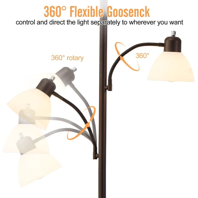 Alt view image 2 of 7 - Floor Lamps for Living Room, 72" Tall Standing Lamp, Torchiere Lamp with 2 Reading Lamps, Industrial Bright Floor Lamp for Bedroom, Office, Dresser, Brown Lamps, 3 LED Bulbs Included