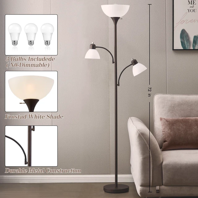 Alt view image 3 of 7 - Floor Lamps for Living Room, 72" Tall Standing Lamp, Torchiere Lamp with 2 Reading Lamps, Industrial Bright Floor Lamp for Bedroom, Office, Dresser, Brown Lamps, 3 LED Bulbs Included