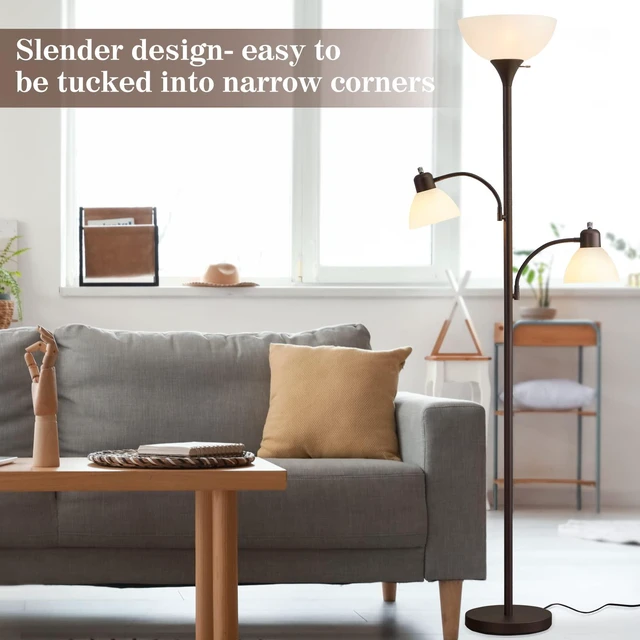 Alt view image 4 of 7 - Floor Lamps for Living Room, 72" Tall Standing Lamp, Torchiere Lamp with 2 Reading Lamps, Industrial Bright Floor Lamp for Bedroom, Office, Dresser, Brown Lamps, 3 LED Bulbs Included