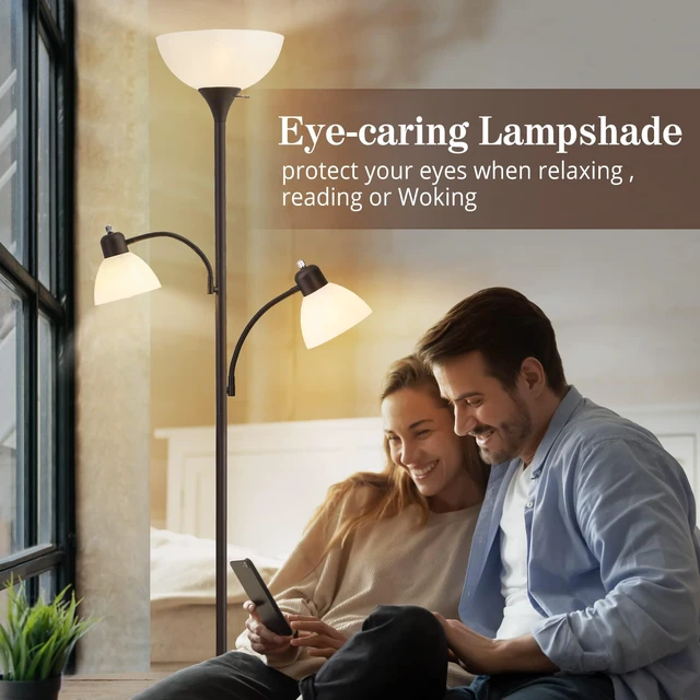 Alt view image 5 of 7 - Floor Lamps for Living Room, 72" Tall Standing Lamp, Torchiere Lamp with 2 Reading Lamps, Industrial Bright Floor Lamp for Bedroom, Office, Dresser, Brown Lamps, 3 LED Bulbs Included