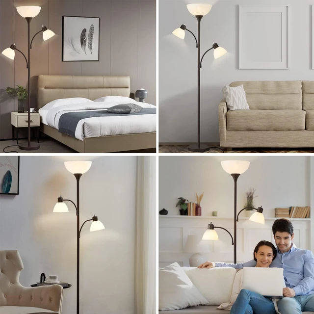 Alt view image 7 of 7 - Floor Lamps for Living Room, 72" Tall Standing Lamp, Torchiere Lamp with 2 Reading Lamps, Industrial Bright Floor Lamp for Bedroom, Office, Dresser, Brown Lamps, 3 LED Bulbs Included