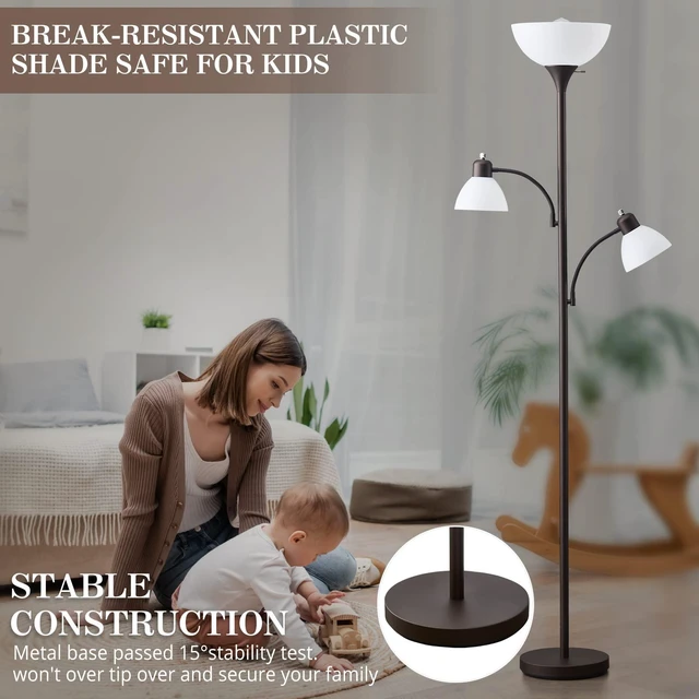 Alt view image 6 of 7 - Floor Lamps for Living Room, 72" Tall Standing Lamp, Torchiere Lamp with 2 Reading Lamps, Industrial Bright Floor Lamp for Bedroom, Office, Dresser, Brown Lamps, 3 LED Bulbs Included