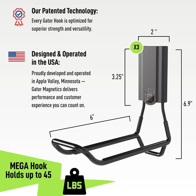 Alt view image 2 of 7 - MEGA 6 in Closed Hooks, 45 lb Magnetic Hooks 3 Pack Patented Easy-Release, Non-Slip Grip. Works on steel cabinets, doors, garage, toolboxes, pole barns, utility vans & more