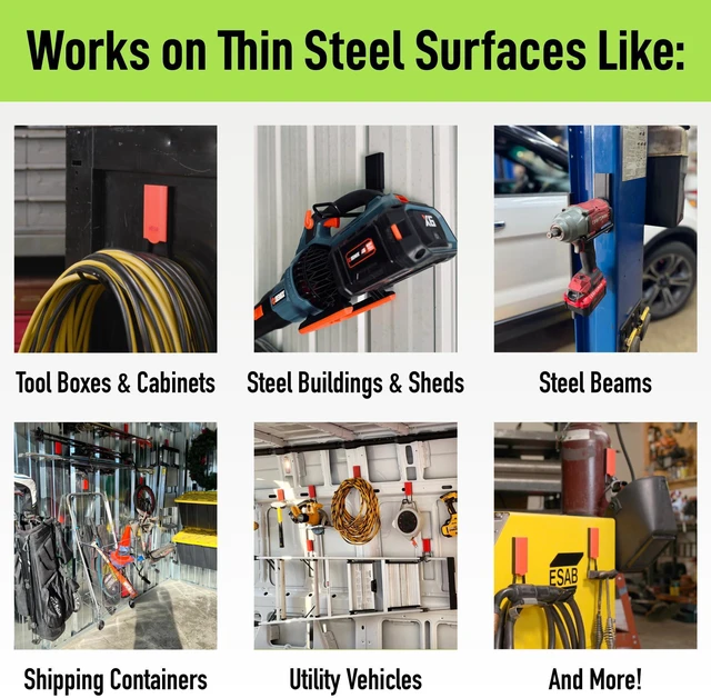 Alt view image 3 of 7 - MEGA 6 in Closed Hooks, 45 lb Magnetic Hooks 3 Pack Patented Easy-Release, Non-Slip Grip. Works on steel cabinets, doors, garage, toolboxes, pole barns, utility vans & more