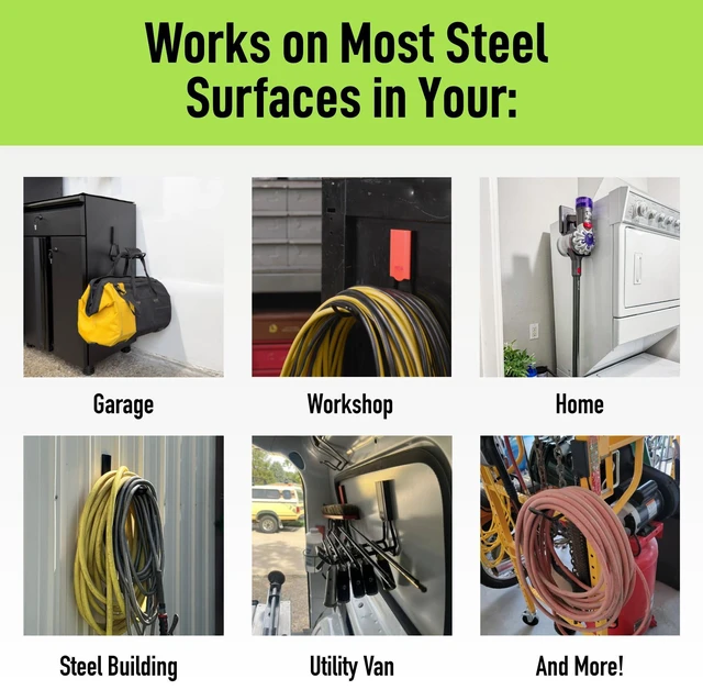 Alt view image 5 of 7 - MEGA 6 in Closed Hooks, 45 lb Magnetic Hooks 3 Pack Patented Easy-Release, Non-Slip Grip. Works on steel cabinets, doors, garage, toolboxes, pole barns, utility vans & more