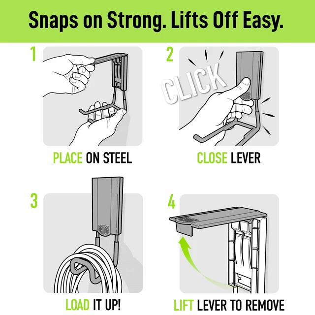 Alt view image 4 of 7 - MEGA 4.5 in Closed Hooks, 45 lb Magnetic Hooks 3 Pack Patented Easy-Release, Non-Slip Grip. Works on steel cabinets, doors, garage, toolboxes, pole barns, utility vans & more