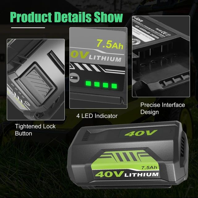 Alt view image 3 of 7 - 2Pack 40v 7.5Ah OP4026A Battery Replacement for Ryobi 40V Battery Lithium Compatible with Ryobi 40 Volt Battery 7.5Ah OP4015 OP4040 OP40201 OP4050A OP4015 OP40261 OP40401 OP4060 Power Tools