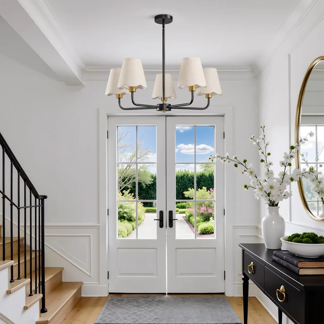 Alt view image 2 of 7 - 5-Light Black and Gold Chandelier Modern Farmhouse Dining Room Light Fixture Industrial Kitchen Chandelier Over Table Hanging Ceiling Light Fixture for Bedroom Entryway Foyer Hallway