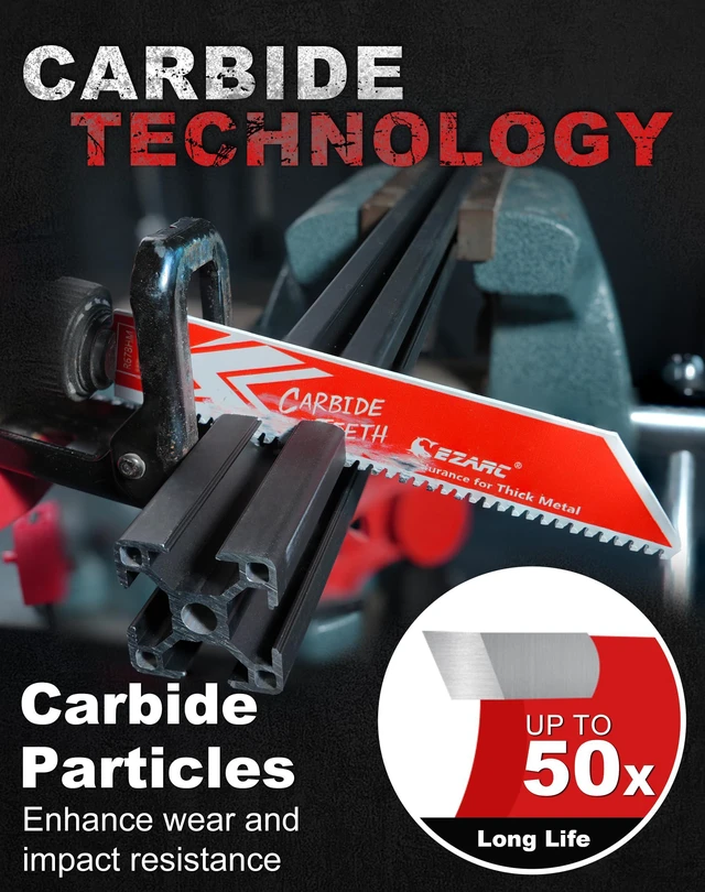 Alt view image 3 of 7 - Carbide Reciprocating Saw Blades, 6-Inch 8TPI, Thick Metal, 10-Pack Carbide Teeth, Up to 50x Longer Life Than Bi-Metal, Cuts Cast Iron, Alloy Steel, Stainless Steel, Rebar, Car Beams