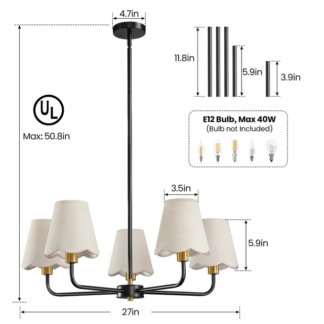 Alt view image 6 of 7 - 5-Light Black and Gold Chandelier Modern Farmhouse Dining Room Light Fixture Industrial Kitchen Chandelier Over Table Hanging Ceiling Light Fixture for Bedroom Entryway Foyer Hallway