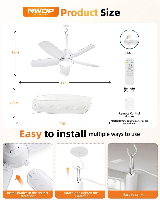 Alt view image 2 of 7 - 28 Inch Outdoor Ceiling Fan with Light, Remote Patio Gazebo Porch Fan IP65 waterproof outdoor fan with remote control, reversible motor and dimmable LED light. Designed for patio and gazebo