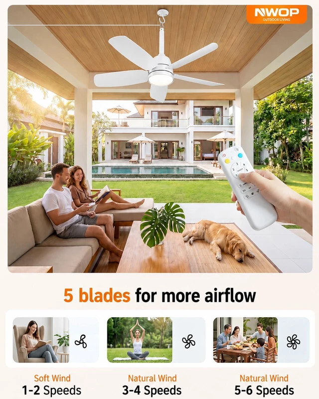 Alt view image 3 of 7 - 28 Inch Outdoor Ceiling Fan with Light, Remote Patio Gazebo Porch Fan IP65 waterproof outdoor fan with remote control, reversible motor and dimmable LED light. Designed for patio and gazebo