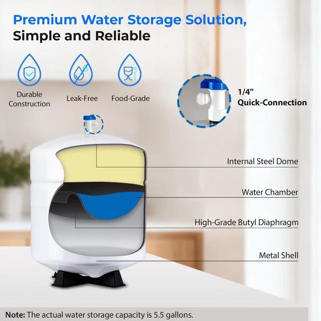 Alt view image 4 of 7 - T55M 5.5 Gallon Residential Pre-Pressurized Water Storage Tank for Reverse Osmosis (RO) Systems, White