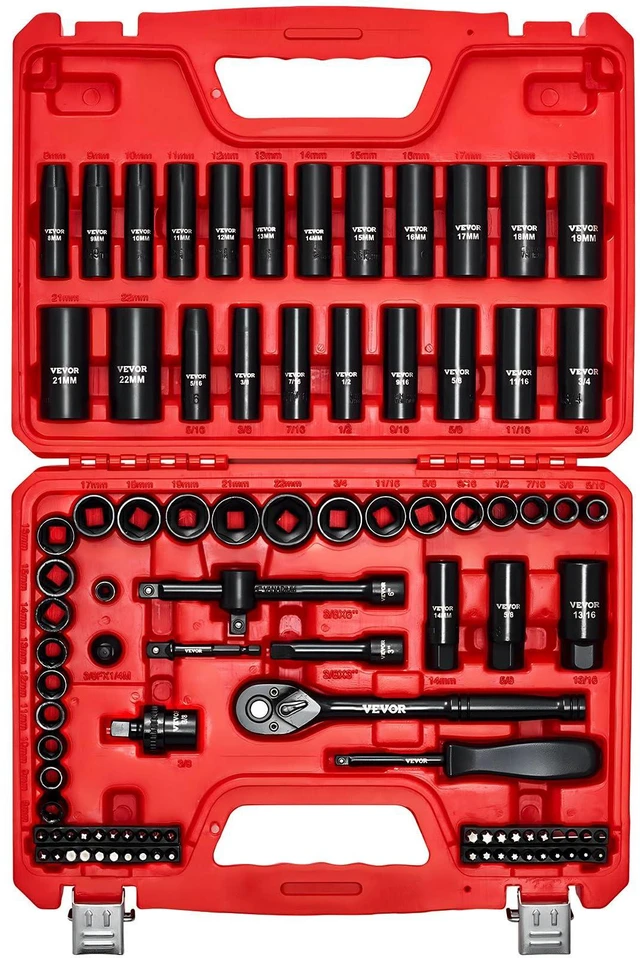 Main image of 96 Piece 3/8" Drive Impact Socket Wrench and Bit Set, SAE (5/16" to 3/4") & Metric (8 to 22 mm), CR-V, Deep & Shallow, 6 Point, Ratchet, Universal Joint, Bit Holder, Adapters, Spark Plug Socket