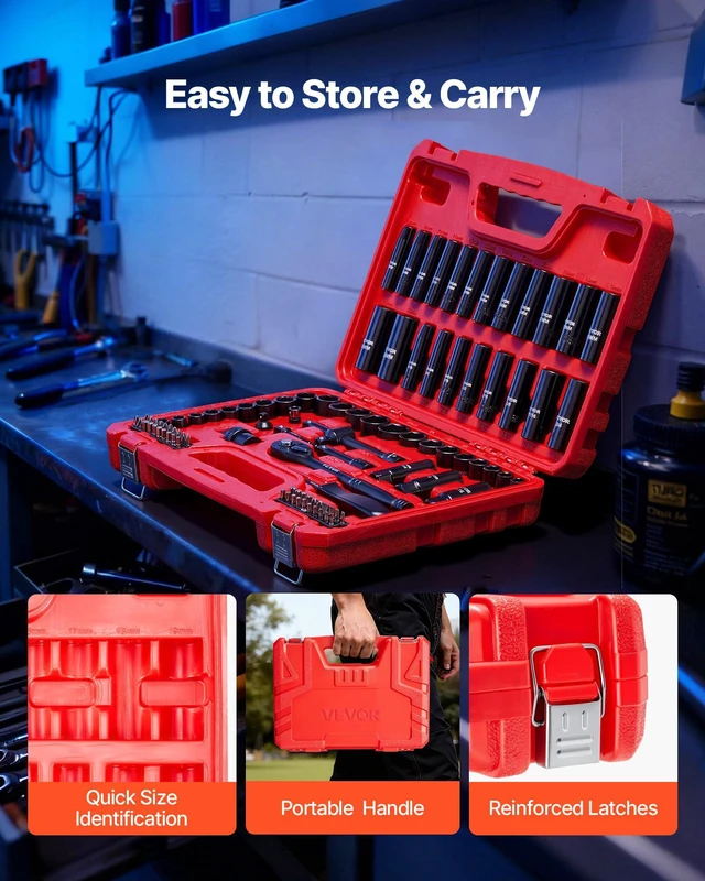 Alt view image 7 of 7 - 96 Piece 3/8" Drive Impact Socket Wrench and Bit Set, SAE (5/16" to 3/4") & Metric (8 to 22 mm), CR-V, Deep & Shallow, 6 Point, Ratchet, Universal Joint, Bit Holder, Adapters, Spark Plug Socket