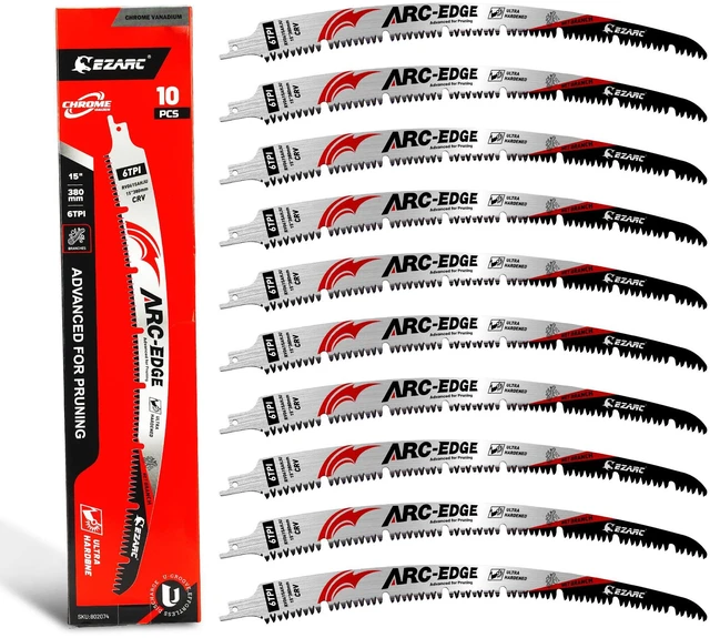 Main image of Arc Edge Reciprocating Saw Blades, 15-Inch 6TPI for Pruning, 10-Pack U-Groove Chip Removal, Extra-Long Arc Edge, Fleam Ground Teeth, Deep Gullets, Up to 3x Life, for Tree Trimming, Green Wood