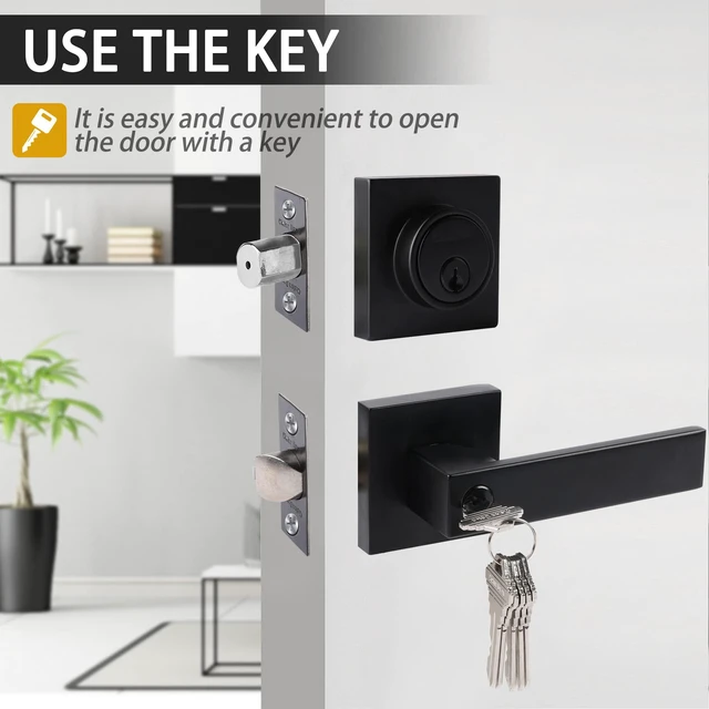 Alt view image 2 of 5 - Exterior Door Lock Set with Deadbolt, Front Door Handle Set with Deadbolt, Door Levers Single Cylinder Deadbolt Set, Keyed Alike Heavy Duty Keyed Entry Handles Locksets,(Matte Black,3Pack)