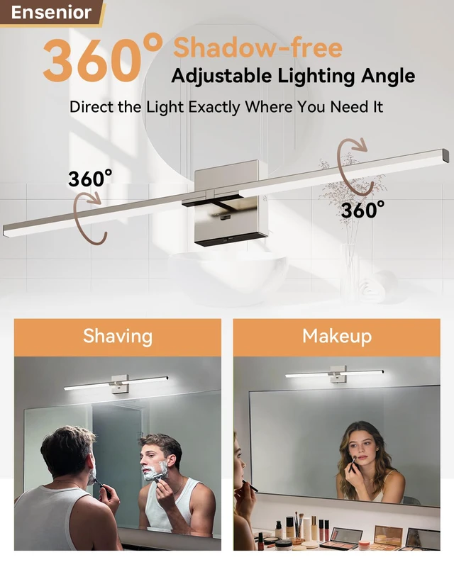 Alt view image 3 of 7 - 32" Brushed Nickel Modern Bathroom Vanity Lights, Built-in Dimmer, 5CCT 360° Rotatable Light Bar, Dimmable, Hardwired Installation, CRI 85+, Moisture-Proof, Anti-Rust, 120V 18W 1450LM, ETL & FCC