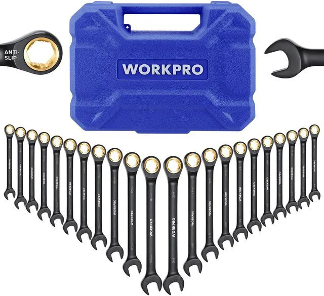 Main image of 22-Piece Ratcheting Wrench Set, Metric 6-18mm & SAE 1/4-3/4" Anti-slip Teeth, Organizer Box, for Home Project, Machinery