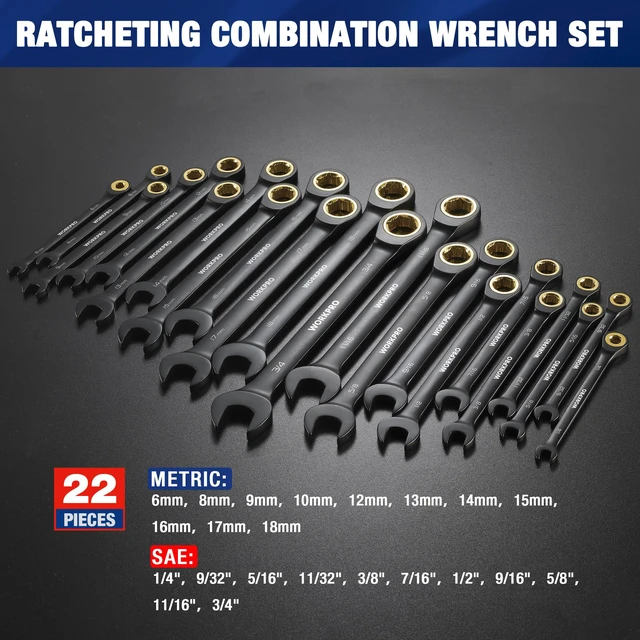 Alt view image 2 of 7 - 22-Piece Ratcheting Wrench Set, Metric 6-18mm & SAE 1/4-3/4" Anti-slip Teeth, Organizer Box, for Home Project, Machinery