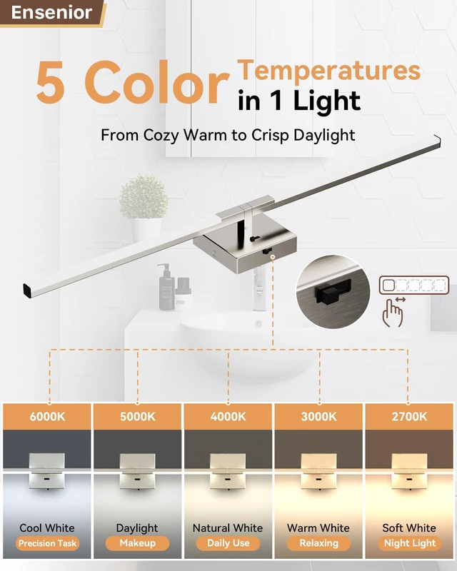 Alt view image 4 of 7 - 32" Brushed Nickel Modern Bathroom Vanity Lights, Built-in Dimmer, 5CCT 360° Rotatable Light Bar, Dimmable, Hardwired Installation, CRI 85+, Moisture-Proof, Anti-Rust, 120V 18W 1450LM, ETL & FCC