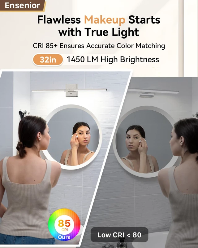 Alt view image 5 of 7 - 32" Brushed Nickel Modern Bathroom Vanity Lights, Built-in Dimmer, 5CCT 360° Rotatable Light Bar, Dimmable, Hardwired Installation, CRI 85+, Moisture-Proof, Anti-Rust, 120V 18W 1450LM, ETL & FCC