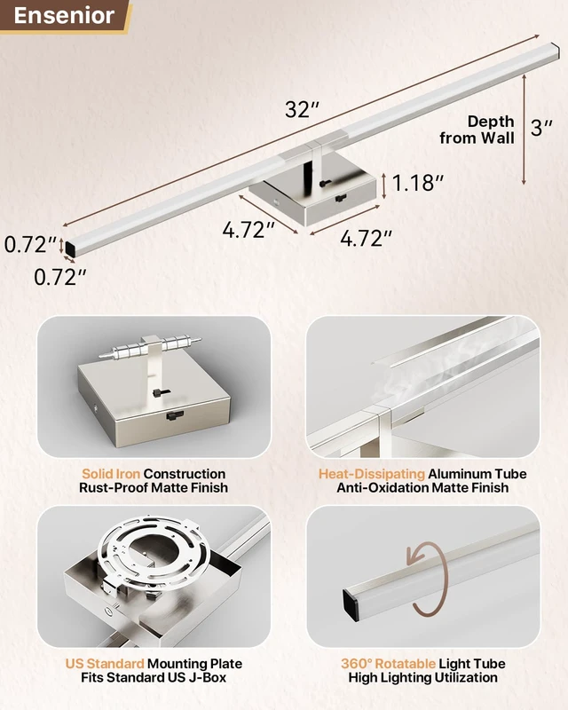 Alt view image 6 of 7 - 32" Brushed Nickel Modern Bathroom Vanity Lights, Built-in Dimmer, 5CCT 360° Rotatable Light Bar, Dimmable, Hardwired Installation, CRI 85+, Moisture-Proof, Anti-Rust, 120V 18W 1450LM, ETL & FCC
