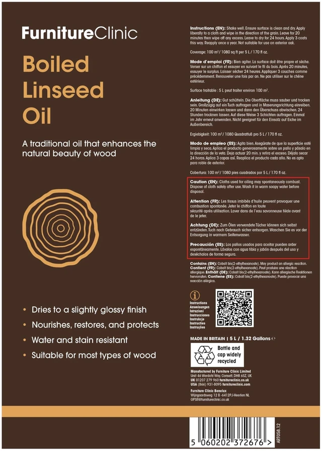 Alt view image 7 of 7 - Boiled Linseed Oil for Wood 5L / 169 Fl Oz - Premium Oil to Enhance, Seal & Protect the Natural Beauty of Oak, Pine & Other Wood with a Glossy Finish