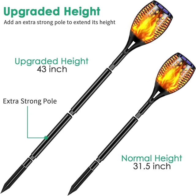 Alt view image 3 of 7 - Flickering Flame Solar Torch Lights Outdoor, 43" Tall, 6 Pack Realistic Flame Effect, Charges in 6-8 Hours, 10-12-Hour Runtime, IP65 Waterproof, Auto On/Off for Yard, Patio and Garden