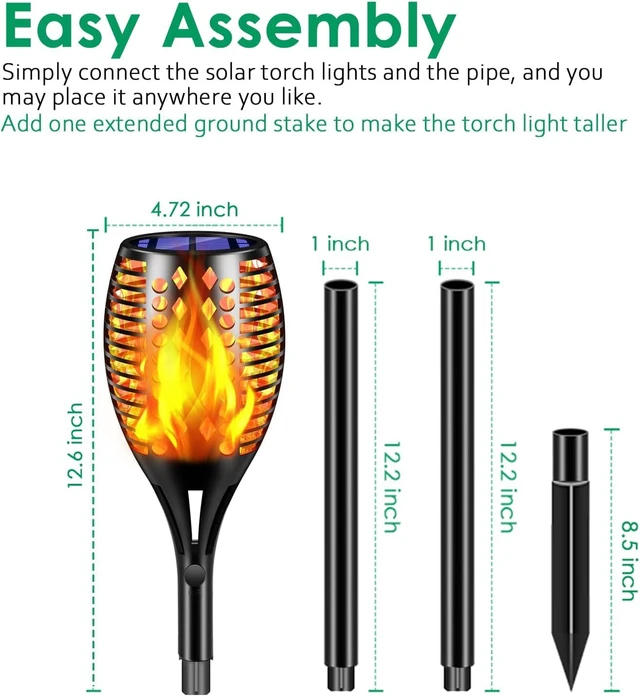 Alt view image 4 of 7 - Flickering Flame Solar Torch Lights Outdoor, 43" Tall, 6 Pack Realistic Flame Effect, Charges in 6-8 Hours, 10-12-Hour Runtime, IP65 Waterproof, Auto On/Off for Yard, Patio and Garden