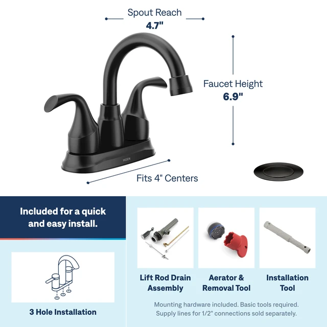 Alt view image 3 of 5 - Idora Matte Black Two-Handle Centerset Bathroom Sink Faucet with Drain Assembly, 84115BL