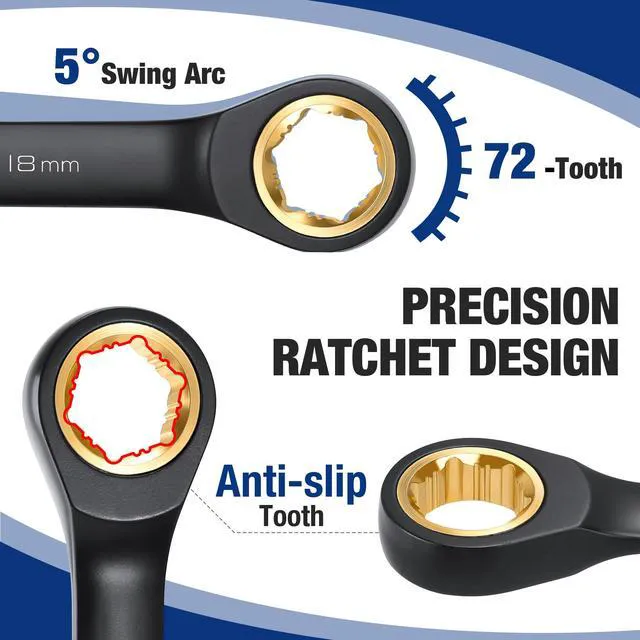 Alt view image 4 of 7 - 22-Piece Ratcheting Wrench Set, Metric 6-18mm & SAE 1/4-3/4" Anti-slip Teeth, Organizer Box, for Home Project, Machinery