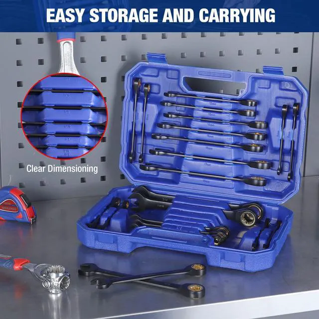 Alt view image 6 of 7 - 22-Piece Ratcheting Wrench Set, Metric 6-18mm & SAE 1/4-3/4" Anti-slip Teeth, Organizer Box, for Home Project, Machinery