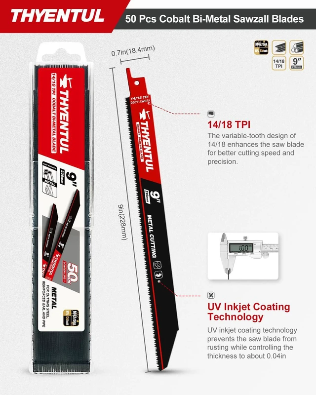 Alt view image 2 of 7 - 50 Pack,9 inch,14/18 TPI,Reciprocating Saw Blade Set,M42 Teeth with Cobalt Bi-Metal Blades, for Automatic Dismantling Sawzall Blades for 1/16-5/16 Medium Metals
