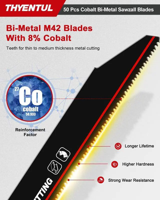 Alt view image 3 of 7 - 50 Pack,9 inch,14/18 TPI,Reciprocating Saw Blade Set,M42 Teeth with Cobalt Bi-Metal Blades, for Automatic Dismantling Sawzall Blades for 1/16-5/16 Medium Metals