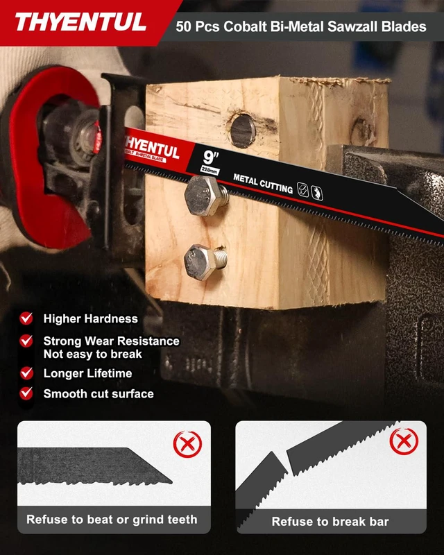 Alt view image 5 of 7 - 50 Pack,9 inch,14/18 TPI,Reciprocating Saw Blade Set,M42 Teeth with Cobalt Bi-Metal Blades, for Automatic Dismantling Sawzall Blades for 1/16-5/16 Medium Metals