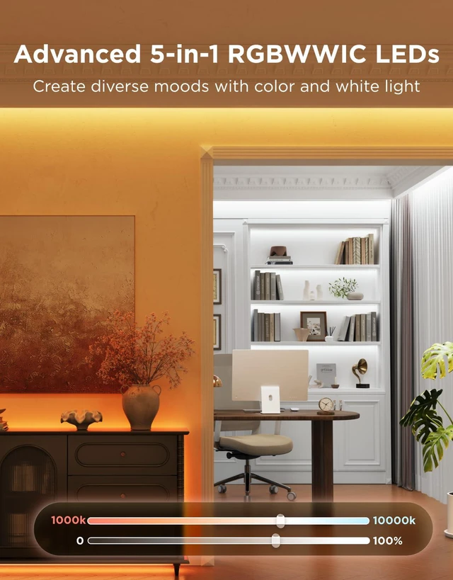 Alt view image 3 of 7 - LED Strip Light 2, 32.8ft, RGBWWIC, 1000K to 10000K White Light, WiFi LED Lights for Bedroom, Cabinet, Work with Alexa, Google Assistant, Matter and Smarthings, LuminBlend+, Cuttable
