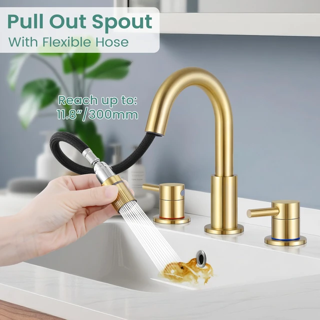 Alt view image 2 of 7 - Brushed Gold Bathroom Sink Faucet 3 Hole with Pull Down Sprayer Lead-free stainless steel, pop-up drain, 2-handle, 360°swivel, 8-inch widespread Faucet for RV/vanity sink, 3-hole mount