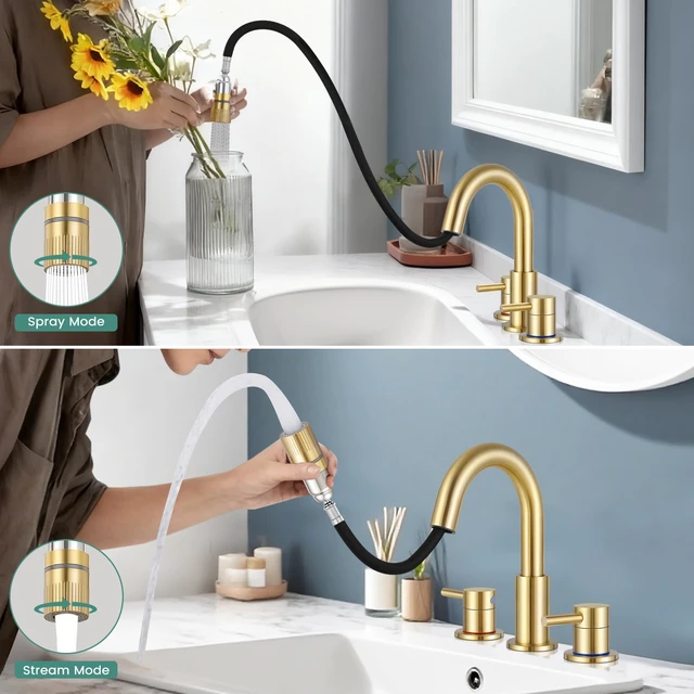 Alt view image 3 of 7 - Brushed Gold Bathroom Sink Faucet 3 Hole with Pull Down Sprayer Lead-free stainless steel, pop-up drain, 2-handle, 360°swivel, 8-inch widespread Faucet for RV/vanity sink, 3-hole mount