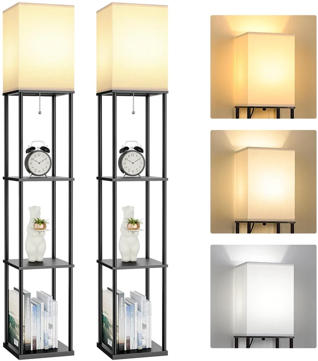 Main image of 2-Pack Floor Lamp with Shelves, 3-Tier Square Bookshelf Standing Lamp 3 Color Temperature Bulb Included, Pull Chain Square Tall Lamp for Living Room Bedroom Corner Office Apartment Decor