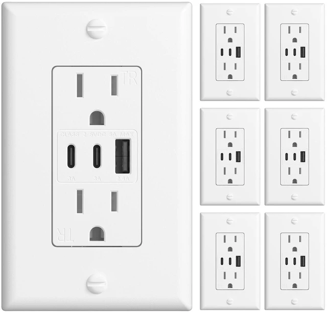 Main image of 6.0A USB Outlet, 6 Pack, 15 Amp, 3-Port, 2 Type C & 1 Type A, White ETL listed, Max 30W, tamper resistant(TR), wall plate included, 3-port fast charging for home or office