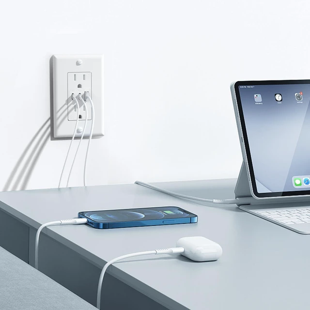 Alt view image 7 of 7 - 6.0A USB Outlet, 6 Pack, 15 Amp, 3-Port, 2 Type C & 1 Type A, White ETL listed, Max 30W, tamper resistant(TR), wall plate included, 3-port fast charging for home or office