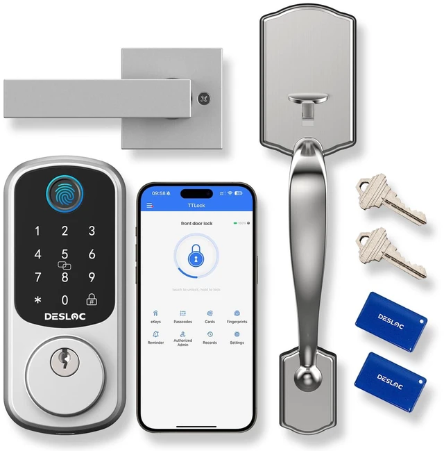 Main image of B200 Smart Front Door Lock Handle Set, Fingerprint & App Control Fingerprint, Bluetooth App Control, Remote Access Sharing, Fob Unlock, Auto Lock, User Management, IP54 Waterproof