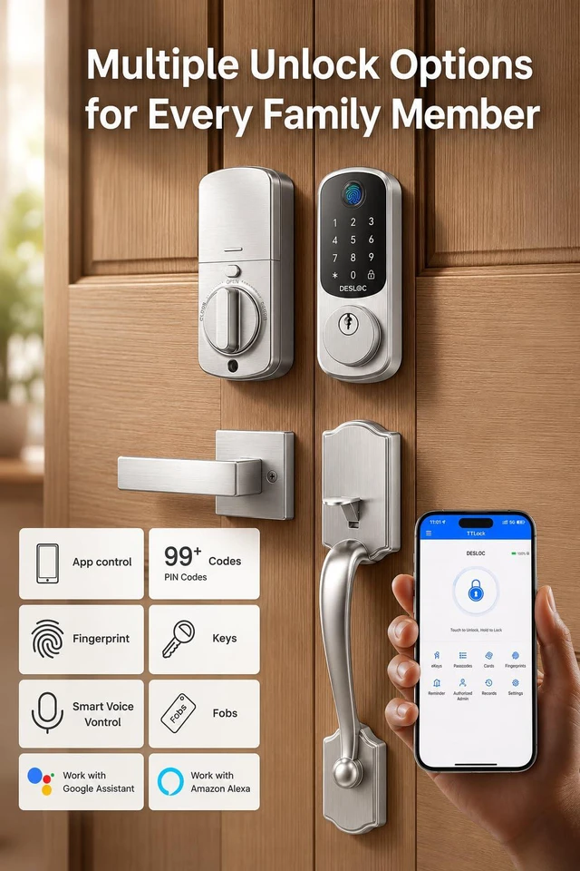 Alt view image 3 of 7 - B200 Smart Front Door Lock Handle Set, Fingerprint & App Control Fingerprint, Bluetooth App Control, Remote Access Sharing, Fob Unlock, Auto Lock, User Management, IP54 Waterproof