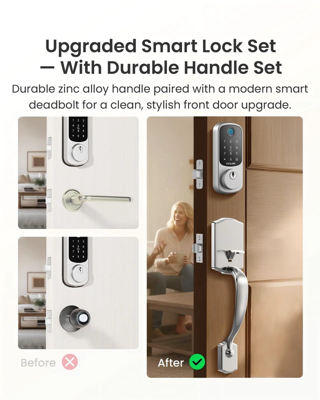 Alt view image 2 of 7 - B200 Smart Front Door Lock Handle Set, Fingerprint & App Control Fingerprint, Bluetooth App Control, Remote Access Sharing, Fob Unlock, Auto Lock, User Management, IP54 Waterproof