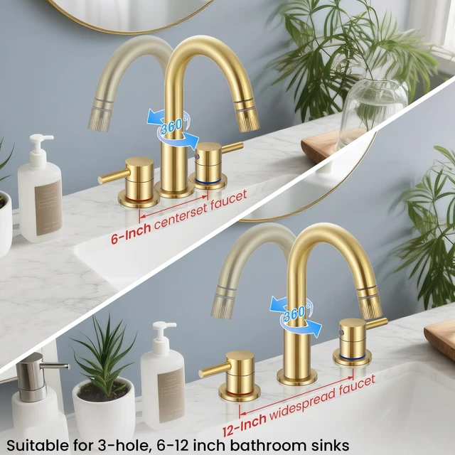 Alt view image 4 of 7 - Brushed Gold Bathroom Sink Faucet 3 Hole with Pull Down Sprayer Lead-free stainless steel, pop-up drain, 2-handle, 360°swivel, 8-inch widespread Faucet for RV/vanity sink, 3-hole mount