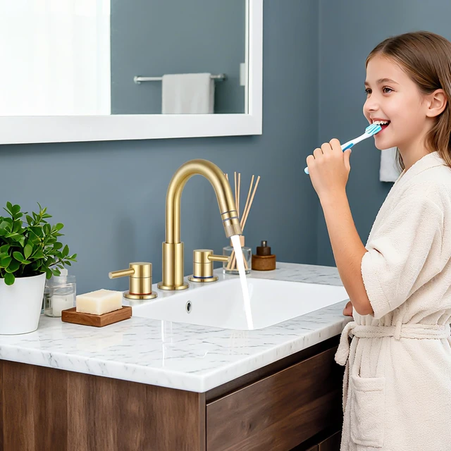 Alt view image 6 of 7 - Brushed Gold Bathroom Sink Faucet 3 Hole with Pull Down Sprayer Lead-free stainless steel, pop-up drain, 2-handle, 360°swivel, 8-inch widespread Faucet for RV/vanity sink, 3-hole mount